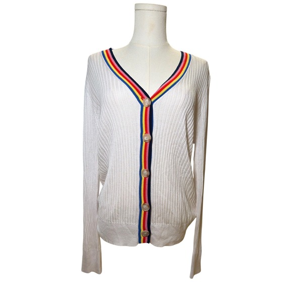 LOFT Sweaters - LOFT Cardigan Sweater Womens XL White Good Rainbow Trim Ribbed V-Neck 564849